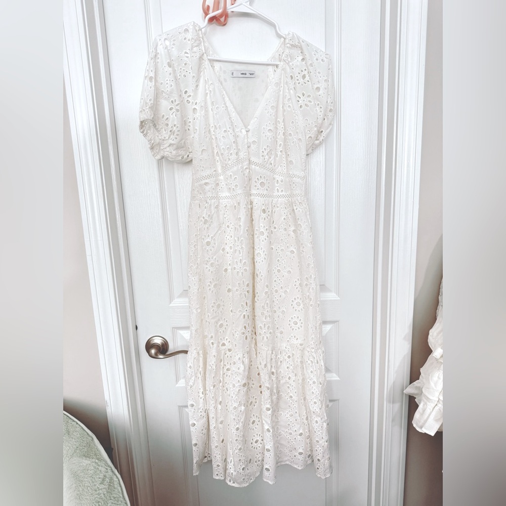Mango White Tiered Puff Sleeve Midi Dress
